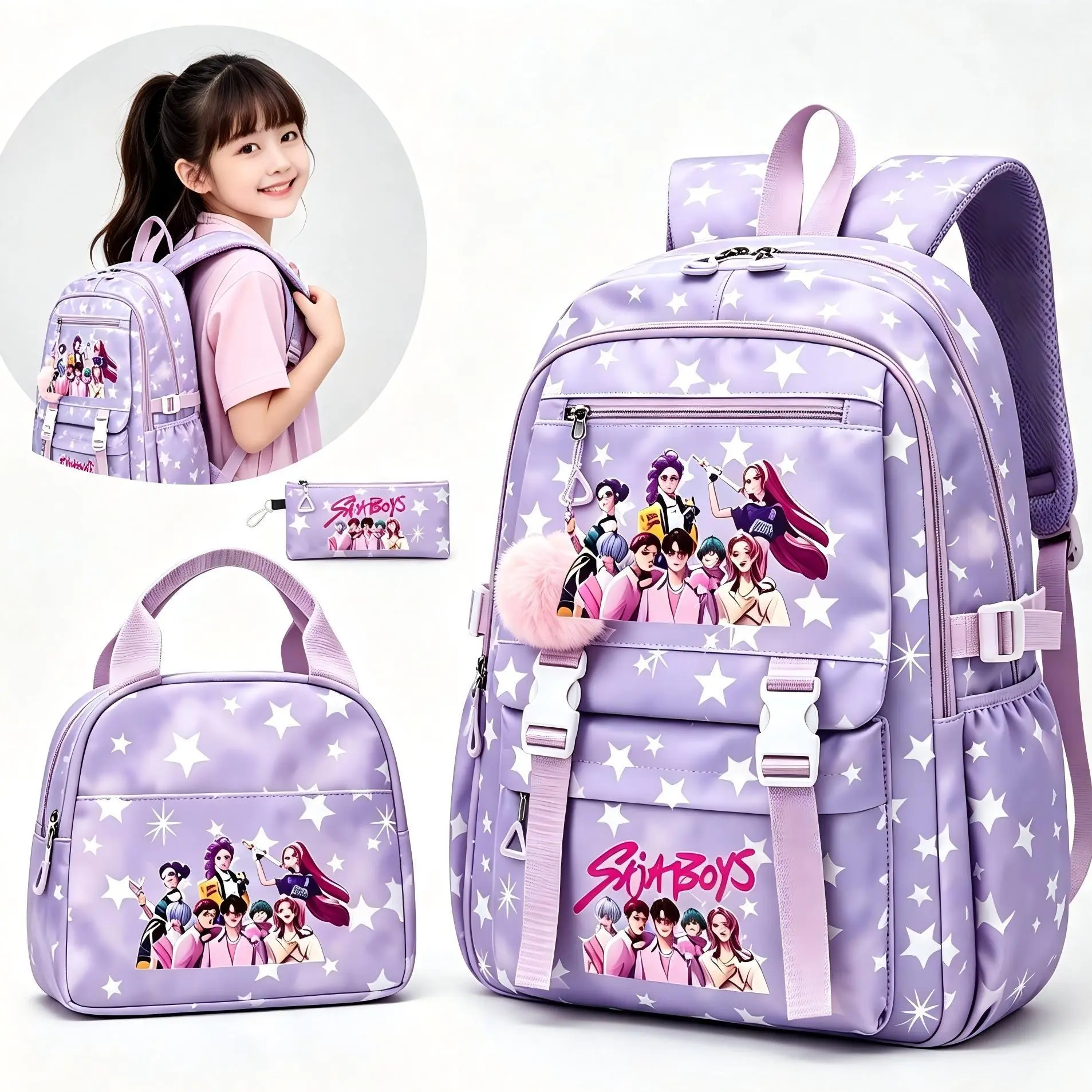 【Back To School】3Piece Set Backpack+Lunch bag+pencil casesolid color women'sbackpack star print zipper closure Trendybackpack fashionable and versatile casual trendsuitable for students going to school, campus,going out to work, traveling women's backpack