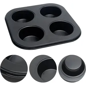 4 Cup Muffin Pan Mold - Non-Stick Cupcake Baking Tray/Tin - Carbon Steel Cake Mould For home, cafe bar and restaurant (Black)
