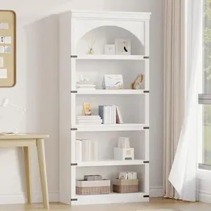 White Farmhouse Arched Bookshelf, 69" Tall Bookcase w/Arche Design, Wooden Arch Book Shelf with Wooden Base, 5 Tier Bookshelves Rustic Vintage Book Shelf for Living Room Office Library (Brown)