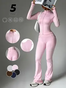 Women's Two-Piece Sports Set, Seamless Zipper Yoga Jacket + High-Waisted Flare Yoga Pants, Butt Lifting Fitness Wear, Gym/running/daily Streetwear, Stretchy Suit Set