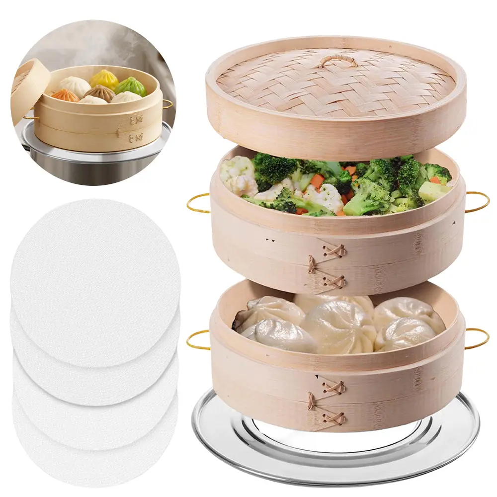 1Set Bamboo Steamer 10 Inch 2 Tier Wooden Basket With Handle, Ring Adapter, Reusable Silicone Liner, Kit For Cooking Dumpling Baby Bao Bun, Dim Sum, Rice Potsticker Steaming Chinese Asian Food & Vegetables
