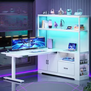 SEDETA 56.7 Inch L-Shaped Standing Desk Height Adjustable with Drawers Hutch Power Outlets & RGB LED Lighting for Gaming & Computer Use - Monitor Shelf