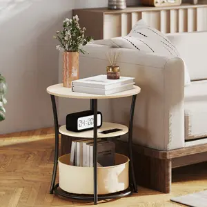 Three tier round side table with adjustable foot pads layered fabric storage bag and USB USB C charging ports ideal for placement in bedroom and apartment corners