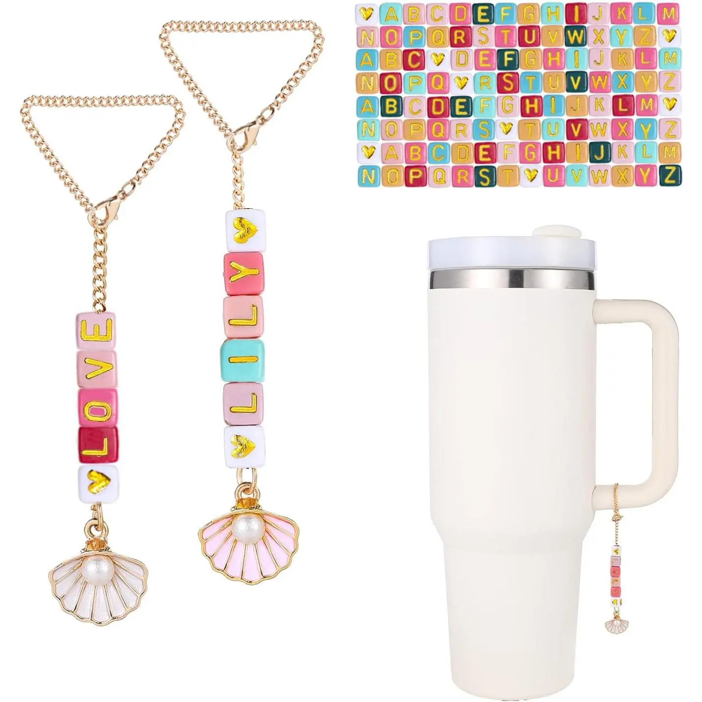 DIY  Cup Letter Charm Set, 2 count Chains and 200 count Letter Beads, Name ID  Handle Charm for  Tumbler