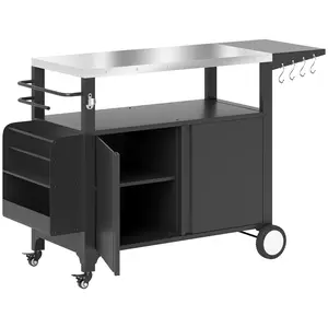 Outdoor Grill Cart Table with Stainless Steel Top, Movable Pizza Oven Stand with Foldable Side Tables & Locking Wheels, Portable Bar Station for Patio, Backyard BBQ, Cooking Prep & Serving