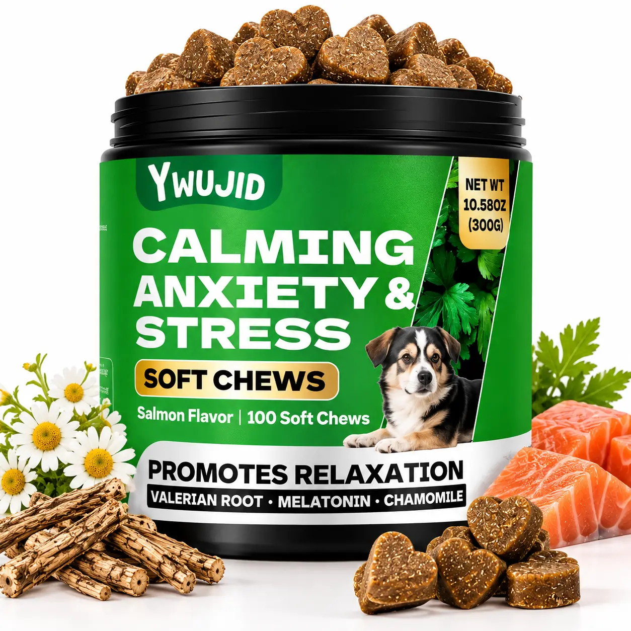 **Calming Chews for Dogs, Hemp Dog Calming Treats for Anxiety & Stress Relief, Natural Soft Chews for Separation, Barking, Fireworks, Thunderstorms & Travel, Salmon Flavor