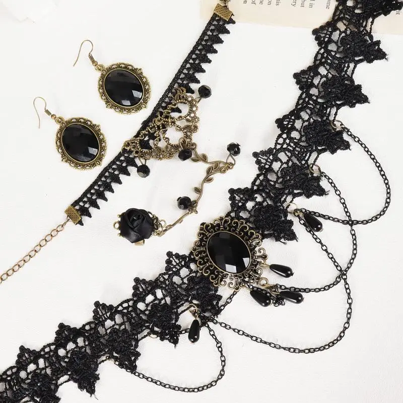 Black Choker Earrings Bracelet Set Witch Costume Women Gothic Accessories Vintage Goth Ring Gloves Vampire Necklace Black Choker Earrings Bracelet Set Witch Costume Women Gothic Accessories Vintage Goth Ring Gloves Vampire Necklace