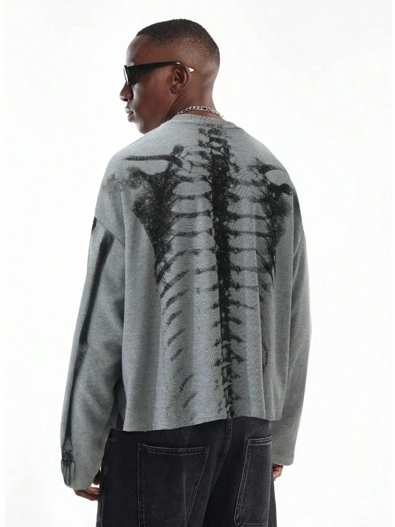 Men's Loose Waffle Graphic Print Long Sleeve T-Shirt, Soft Texture