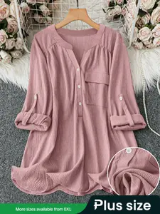 Lune Plus Size V Neck Shirt Blouse with Pockets, Casual Roll-Up Sleeve Design, Comfortable Daily Wear Top for Women