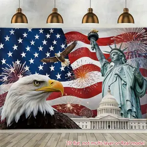 2D Flat Banner Polyester Photography Backdrop, HD Digitally Printed Soft Lightweight Foldable Background Cloth with Patriotic American Flag, Statue of Liberty, Bald Eagle, and Fireworks Design for Independence Day, Events, and Stu
