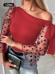 Women's Polka Dot Patchwork Print Contrast Mesh Tie Side Tee, Chic Trendy Casual Asymmetrical Neck Flounce Sleeve Top for Spring & Fall, Ladies Clothes for Daily Wear