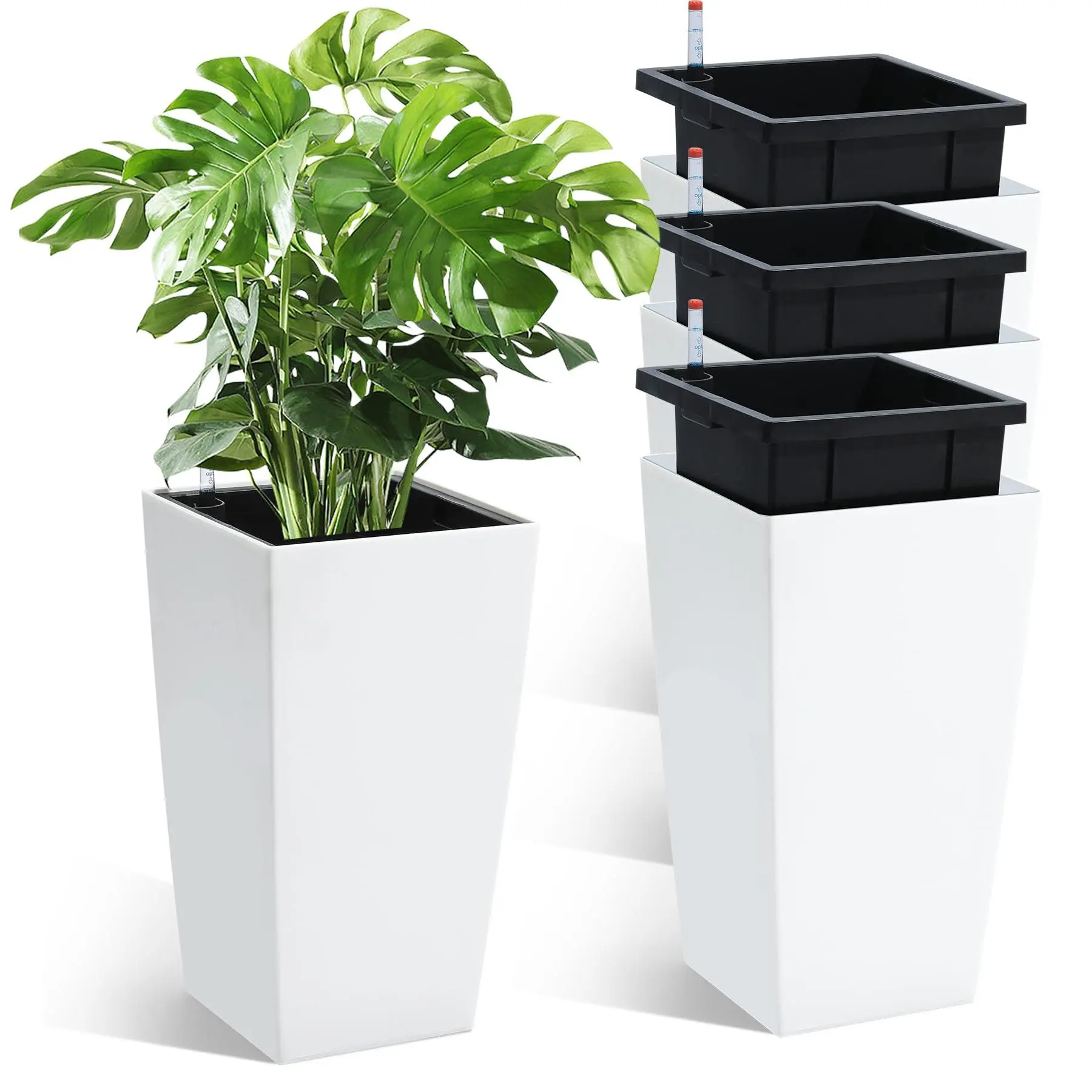 16" Tall Planters Set of 4, Outdoor & Indoor Black Planter Pots, High Front Porch Planter Pots with Drainage Holes & Water Level Monitor & Inner Bucket, White