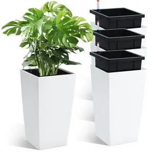 16" Tall Planters Set of 4, Outdoor＆Indoor Black Planter Pots, High Front Porch Planter Pots with Drainage Holes＆Water Level Monitor＆Inner Bucket, White