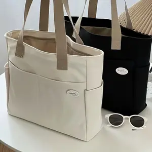 Chic Large Capacity Tote Bag with Multiple Pockets  Canvas Shoulder Bag for Women, Perfect for School & Commuting-No Brooch