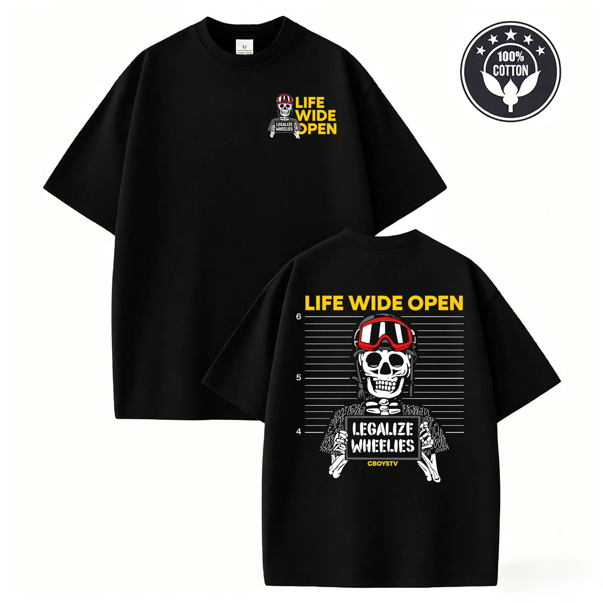 Men's Cotton "Life Wide Open" Double-Sided Print Graphic T-Shirt - Round Neck, Relaxed Cut, CBOYSTV Inspired Skeleton Wheelie Biker Tee, Unisex Streetwear Short Sleeve Top with "Legalize Wheelies" Menswear Design, Biking Tee