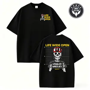 Men's "Life Wide Open" Double-Sided Graphic T-Shirt, Adult Skeleton Wheelie Biker Tee, Unisex Streetwear Short Sleeve Top, "Legalize Wheelies" CBOYSTV Inspired Shirt