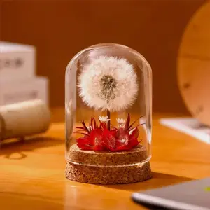 Glass Dome Dandelion Plant Display, Artificial Flower Arrangement with Cork Base, Home Decor for Living Room Bedroom Office, Fruit