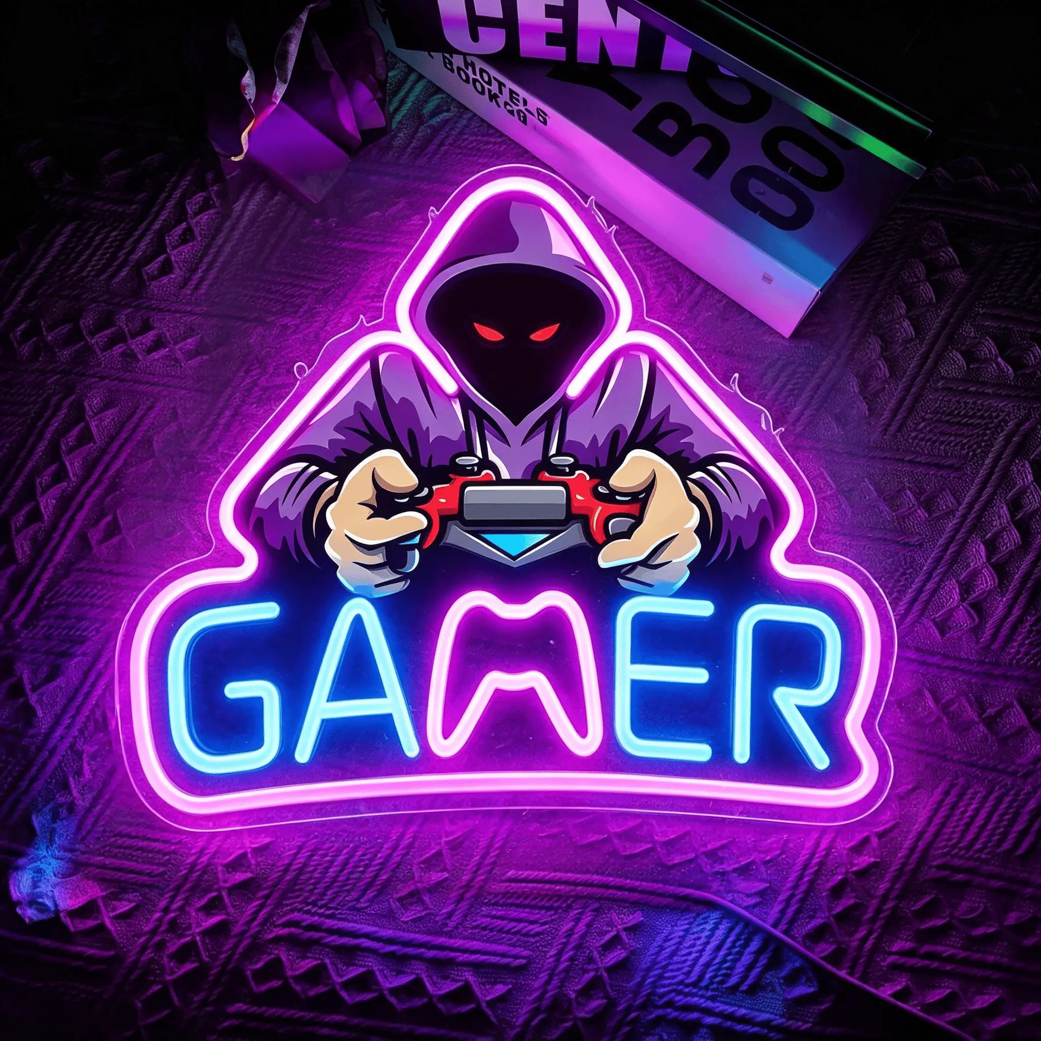 Blue-Pink Mysterious Gamer-Shaped Plastic Neon Sign, UV-Printed USB-Powered Dimmable LED Signage Display Decorative Lights, Neon Accent Lights Glowing Decor for Gamer Room, Contemporary Festive Home Supplies