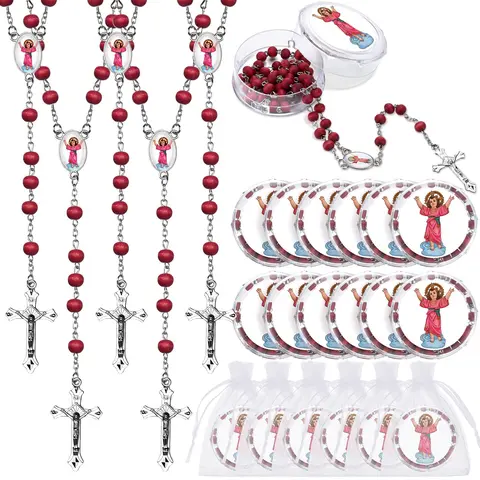 12-Set Scented Christian Rosary Beads - Niño & Virgin Motif Prayer Aid with Cross Pendant, Red Catholic Necklaces (Divino Niño Jesus Virgin Mary Pattern), Religious Home Decor Jewelry Gift for Christian Families, Church Groups