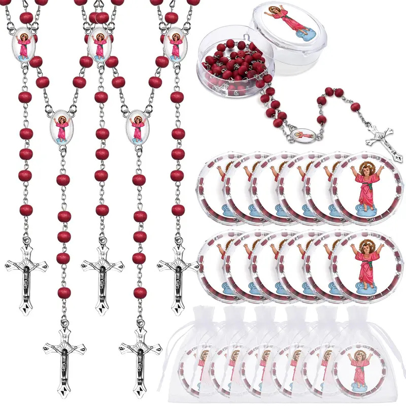 12-Set Scented Christian Rosary Beads - Niño & Virgin Motif Prayer Aid with Cross Pendant, Red Catholic Necklaces (Divino Niño Jesus Virgin Mary Pattern), Religious Home Decor Jewelry Gift for Christian Families, Church Groups