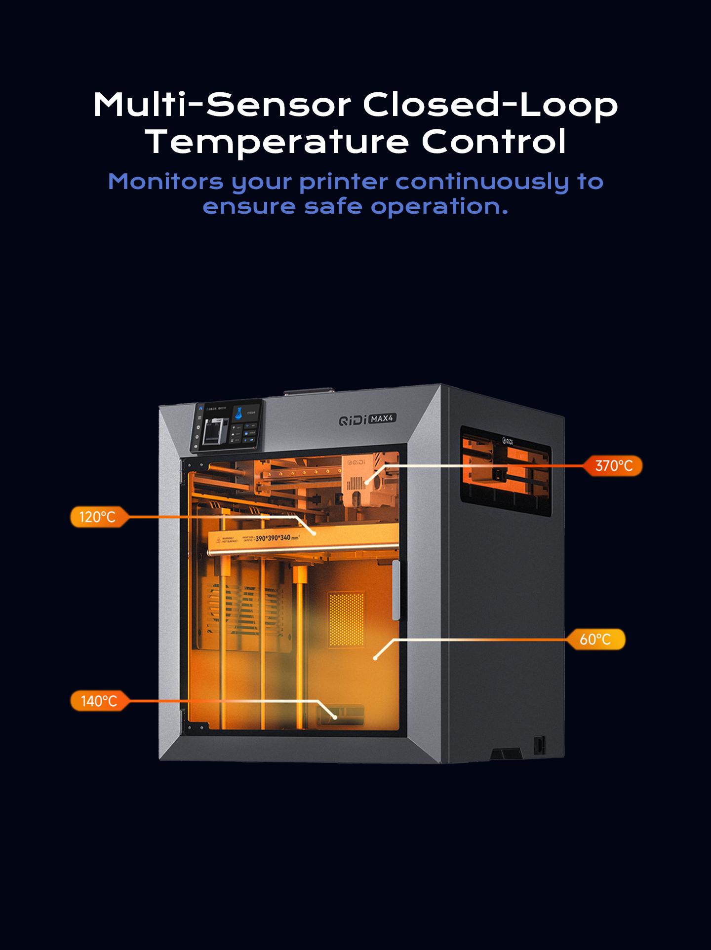 QIDI Max4 3D Printer, 390×390×340mm Build Volume, 65℃ Heated Chamber, 370℃ Nozzle, Dual Z Lead Screws, Max 800mm/s High Speed, Auto-leveling, AI camera, Polar Cooler Optional, Multi-materials