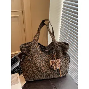 Leopard Print Plush Pendant Bag, Fashionable Tote Bag, Large Capacity for Work & Daily Use, Single Shoulder Crossbody Design