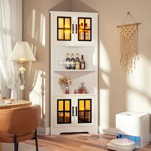 Topwin 67"Corner Cabinet with LED Lights,Tall Corner Storage Cabinet with Glass Doors&Shelves,Corner Cabinet Display Practical Sturdy Construction