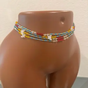 Authentic Ghanaian Handmade Waist Beads #2 with Vibrant Red & Blue Beads and Gold Accents for Traditional Style