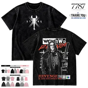 7787 Clothing Menswear Sting Revenge Wrestling Graphic Washed T-Shirt Vintage Streetwear Oversized Casual Apparel