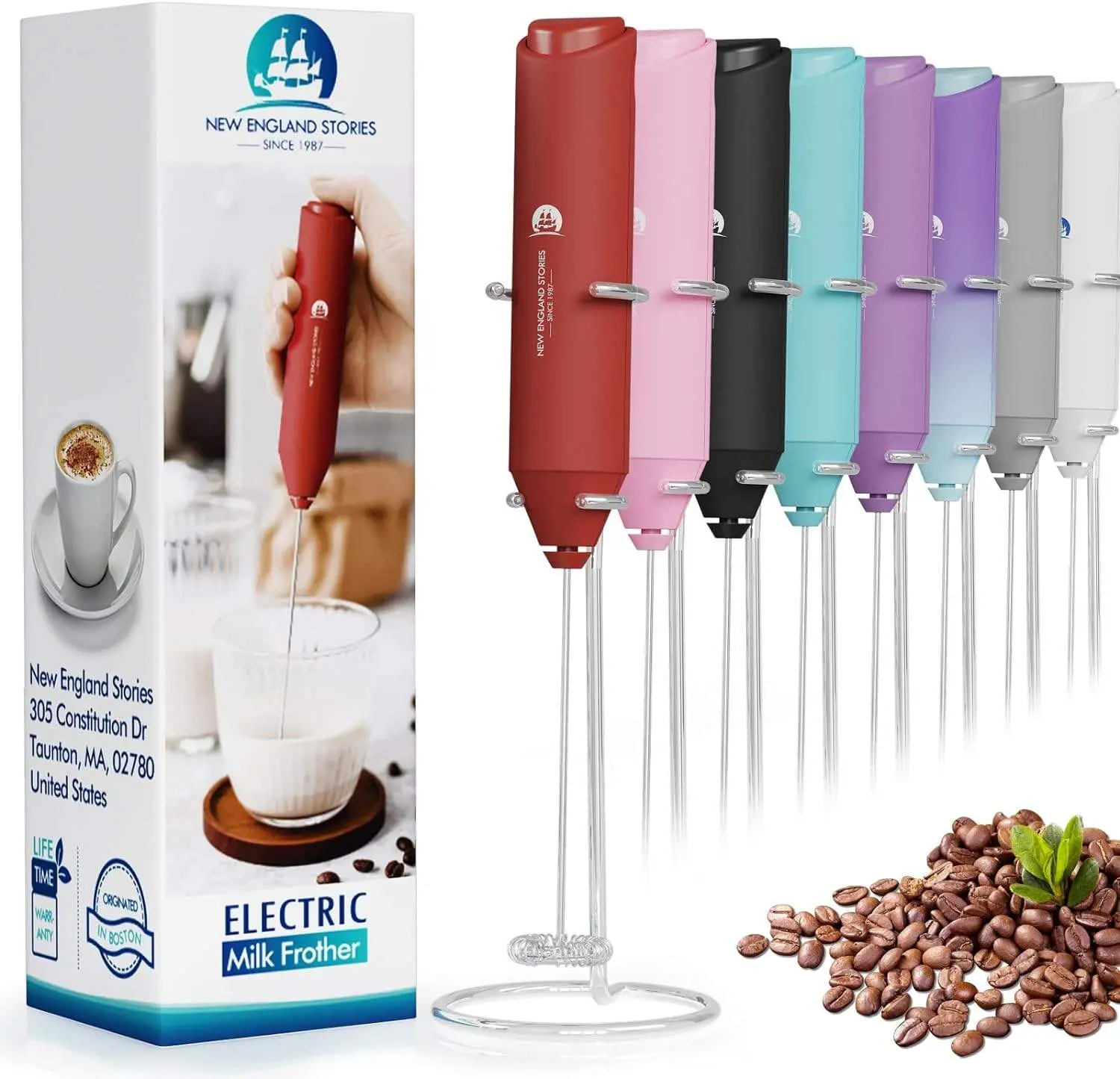 Powerful Milk Frother Mini Handheld Foam Maker for Coffee, Whisk Drink, Cappuccino, Latte, Matcha, Hot Chocolate - With Stand, Red backtoschool