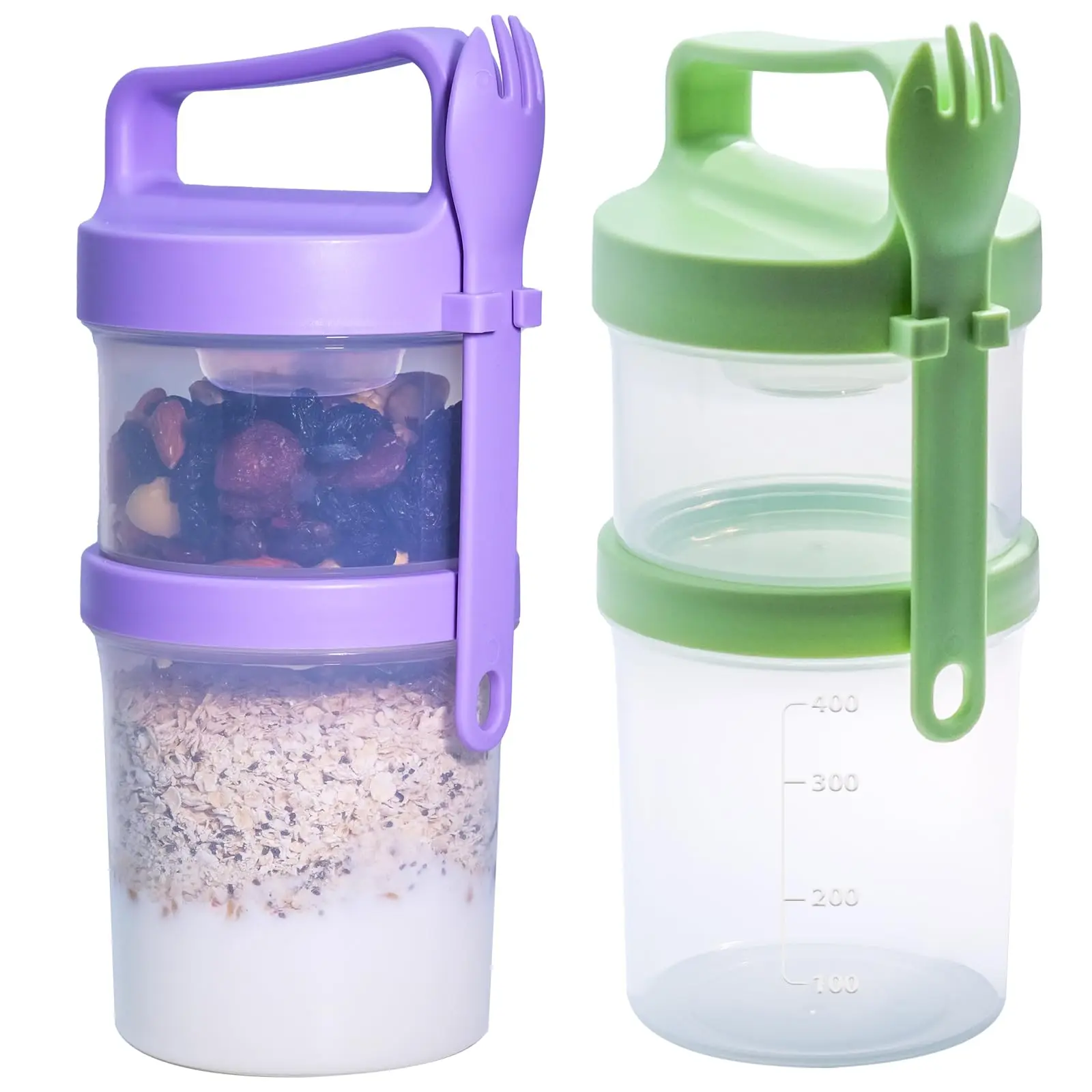 2 Pack Stackable Overnight Oat Container  19 Oz And 12 Double Yogurt Cereal Snack Oatmeal On The Go Cups With Leak-proof Lid Reusable Plastic Portable Breakfast Lunch Meal Prep Boxes