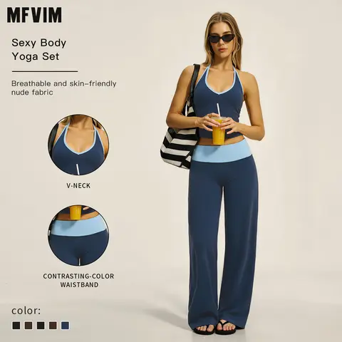 MFVIM Women's 2-Piece Sports Set - Contrast Piping, V-Neck Halter Yoga Tank with Built-In Bra Pads, Loose Wide-Leg Foldover Waistband Pants, Soft Matching Gym Workout 2 Piece Sets for Women, Workout Sets Women