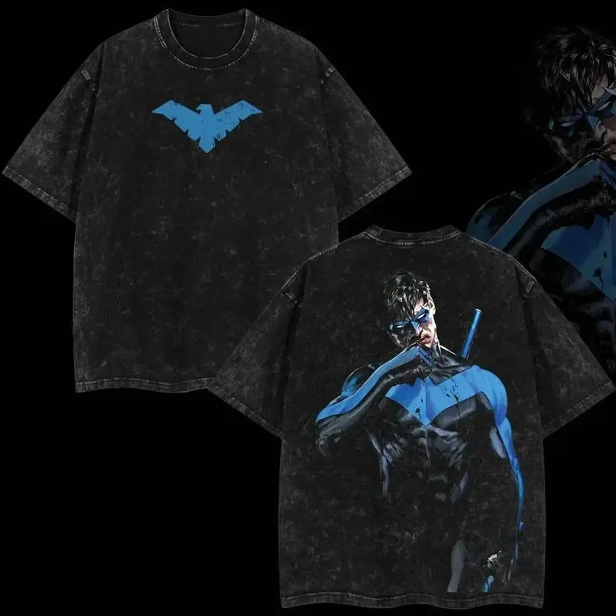 Superstyle Tales Of The Teen Titans Nightwing Dick Grayson Double Sided Print Tee, 90s Comic Acid Washed Oversized Lightweight T-Shirt, Unisex Casual Short Sleeve Top For Gym Streetwear Daily Wear MFX