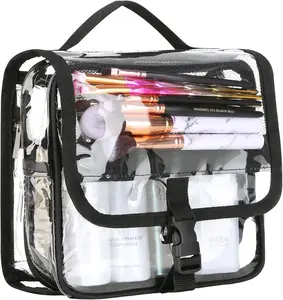 Clear Toiletry Bag with TSA Liquids Travel Bag, Hanging Travel Transparent Makeup Cosmetic Organizer, Waterproof Carry on Airline 3-1-1 Compliant Bag Quart Sized Luggage Pouch (Black-Clear) HAOGUAGUA