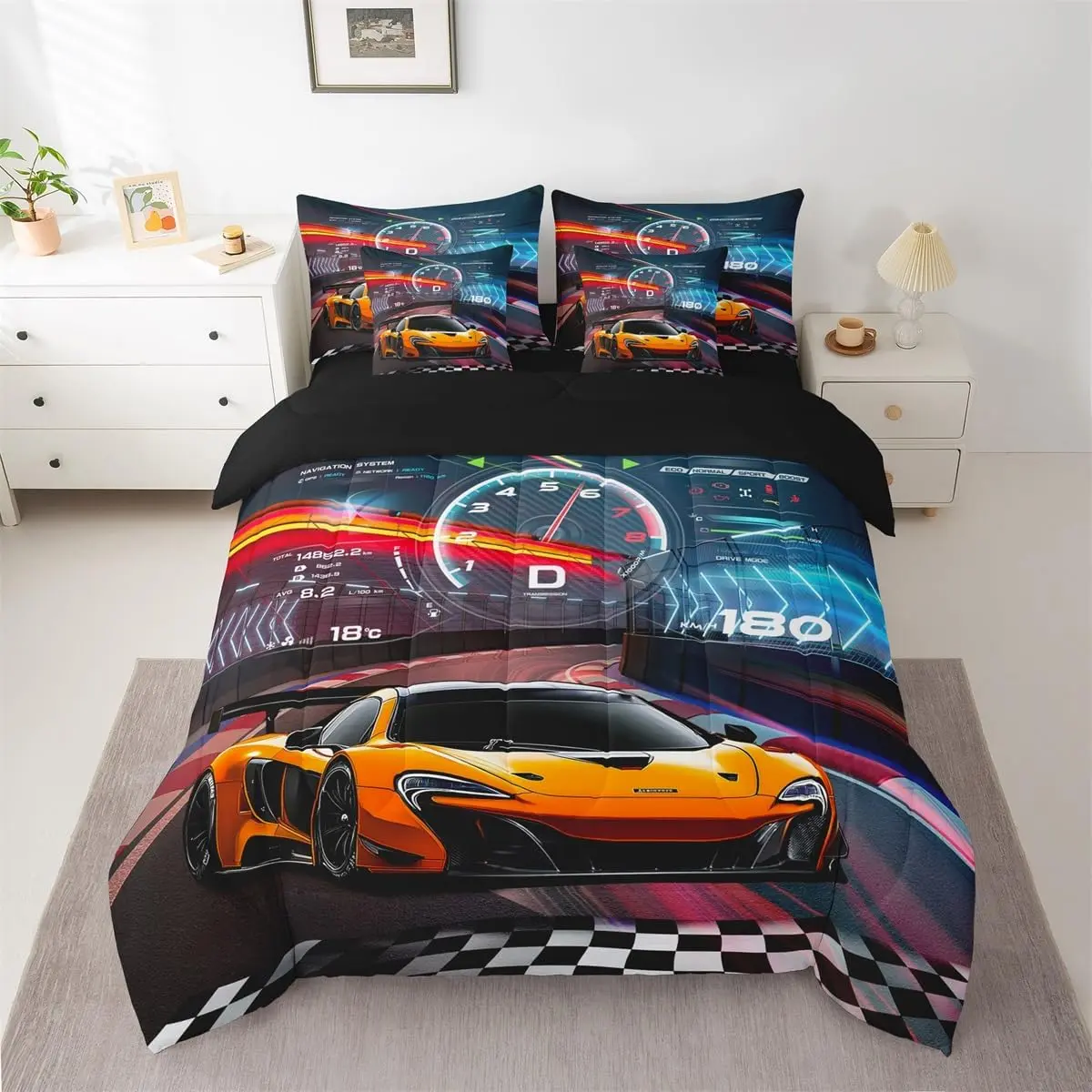 Feelyou 7-Piece Race Car Bedding Set - Racing Car Comforter Set with Pillowcases, Flat and Fitted Sheets, Cushion Cover, Car-Themed Blankets, Cars Graphic Blankets