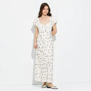 Women's Puff Short Sleeve Lace Panel Maxi Sundress - Wild Fable Yellow Floral M