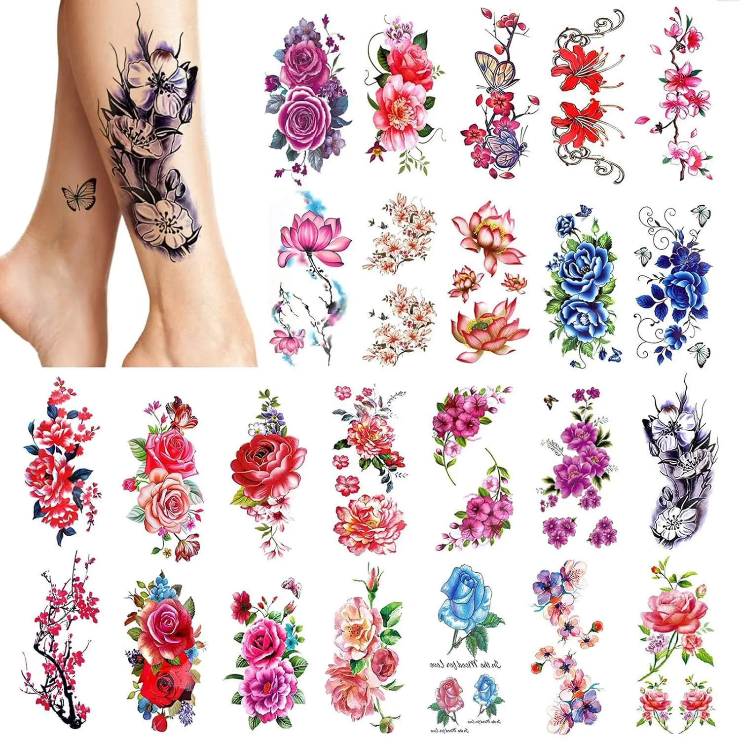 24 pieces Women Temporary Tattoos (Large Flowers), Bright Colored Fake Tattoo Stickers (Water Transfer), Waterproof Body Art Sticker for Girls Arms Legs Shoulder Back