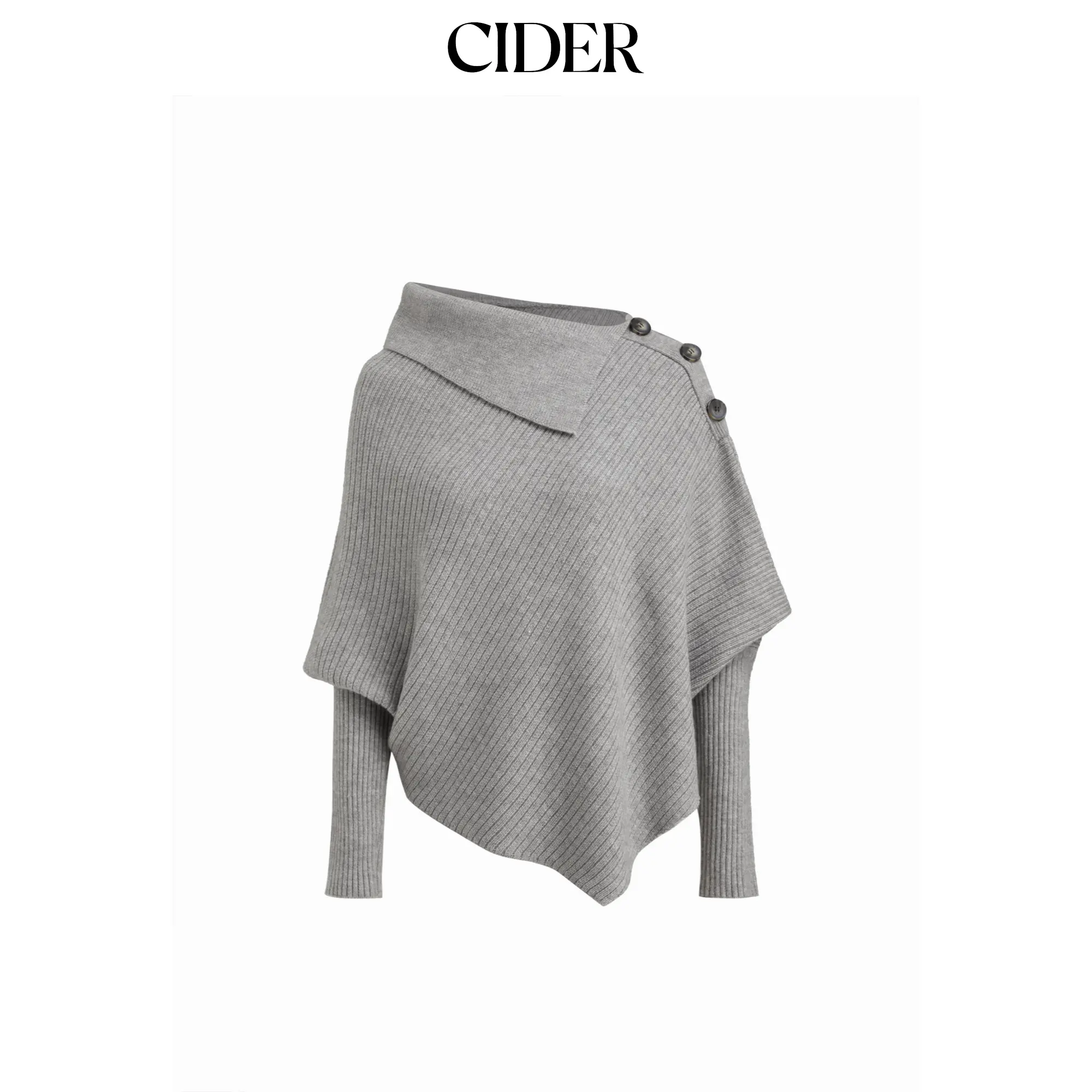 Cider Women's Oversized Cut Knitwear Poncho Shirt, Asymmetrical Neck Puff Sleeve, Pull-On Closure, Solid Plain, Multi-Size Long Length Basic Casual Polyamide-Acrylic Top