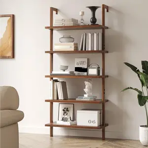 72" Tall Ladder Shelf Bookcase with 1" Thick Wood - Faux Wood Grain Finish, Wall Mounted Bookshelf, 5-Tier Open Storage Shelf for Bedroom, Rustic Brown TikTokShopfalldealsforyou