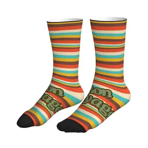 1 Pair of Unisex Leisure colored horizontal stripe pattern Crew Socks - Breathable & Comfortable Polyester Blend with Elastane, Hand Washable -Personalized mid-calf sports socks for Casual Attire, Fashionable socks Menswear Striped