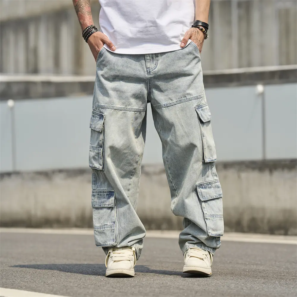 Men's Vintage Baggy Carpenter Jeans, Plain Straight Fit Denim Trousers with Multiple Pockets, Casual Menswear Clothes, Gen X Streetwear, Solid Color Style, Multi‑Pocket Carry