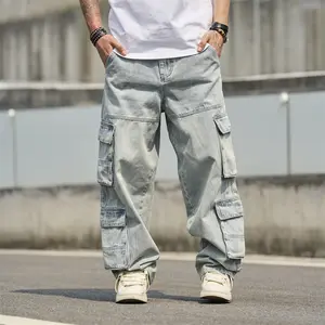 New Men Baggy Multiple pockets Carpenter Jeans Trousers Stylish Streetwear Male Solid color Straight Cargo Denim Pants DFYD