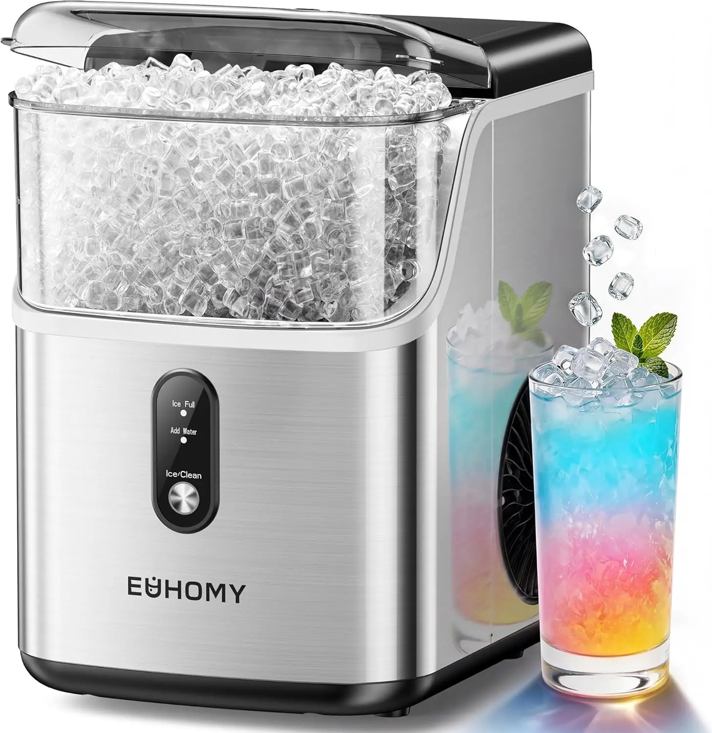 EUHOMY Countertop Nugget Ice Making Machine, 35lbs/24H & 33lbs/24H Soft Pellet Maker with Self-Cleaning Function, Scoop, Basket & Utensils for Home/Kitchen/Office