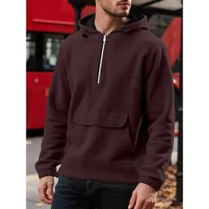 A men's solid color half-zip hooded long sleeve sweatshirt with drawstrings, with a retractable hem, made of comfortable and warm fabric, a casual style, suitable for daily wear in autumn and winter, a men's casual sports sweatshirt.