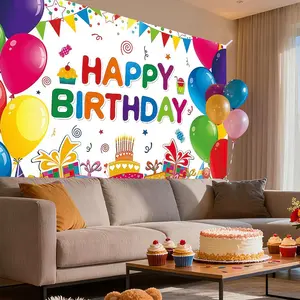 Colorful Happy Birthday background banner, birthday party decoration banner, made of polyester material, suitable for living rooms, bedrooms, offices, birthdays, anniversaries, home decoration, outdoor and indoor parties, photography background cloth