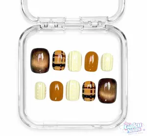 GakuNails COCOA Decorative Multi-Pack - 10 PCS Extra Short Square Handmade Glossy Fake Nails, 3D Sweater Cateye Builder Gel, Reusable Glue Nails Extension, Size-Selectable for Elegant Look