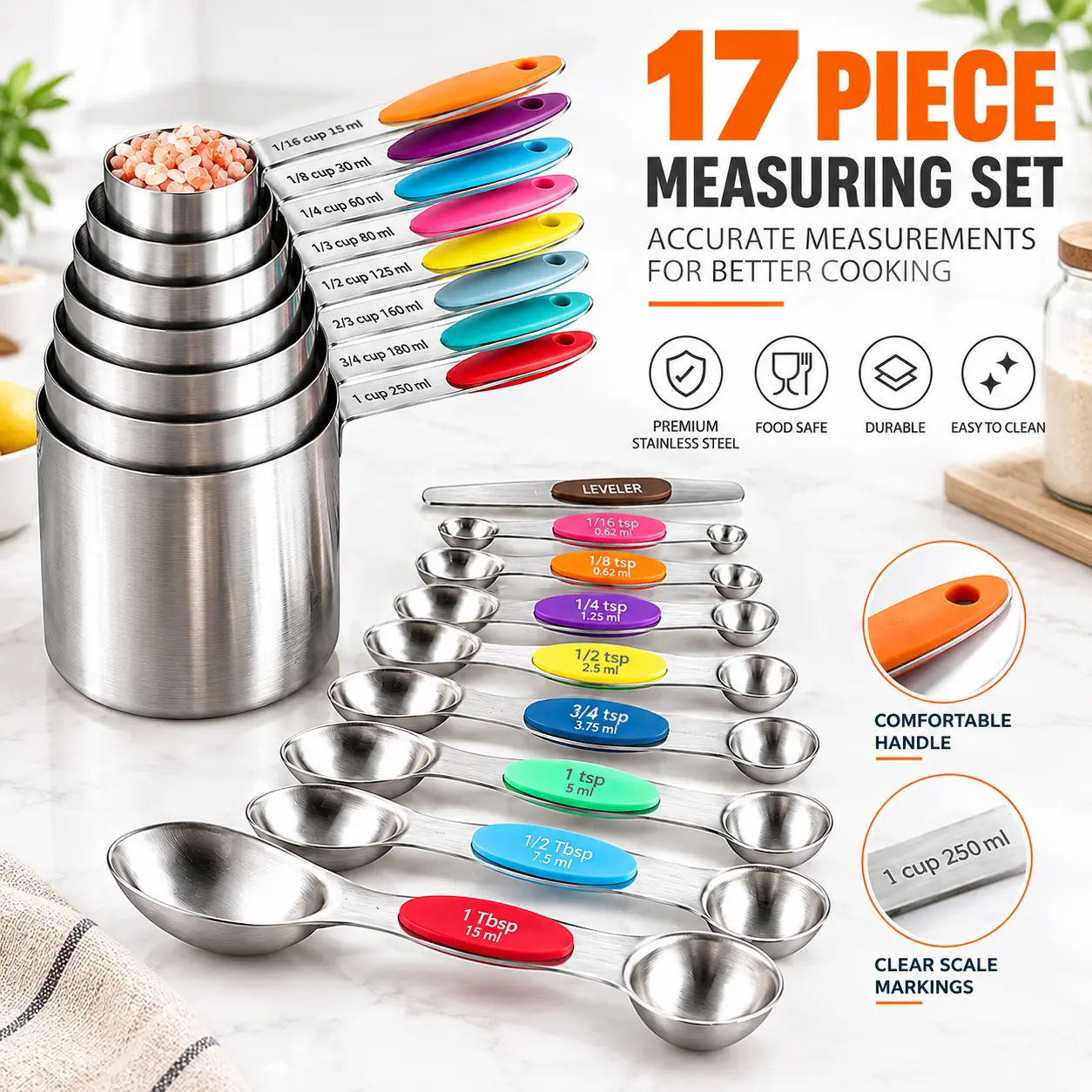 17-Piece Stainless Measuring Cup and Spoon Set - Double-Sided Magnetic Spoons, Stackable Cups, Engraved Marks, Home Food Ingredient Dispenser for Cooking/Baking Kitchen Utensils