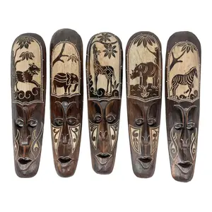 Artisan-Carved Set of 5 Hand-Crafted Wooden African Animal Wall Masks: Unique Tribal Art Sculptures - Each 20 Inches High - Perfect for Cultural Decor