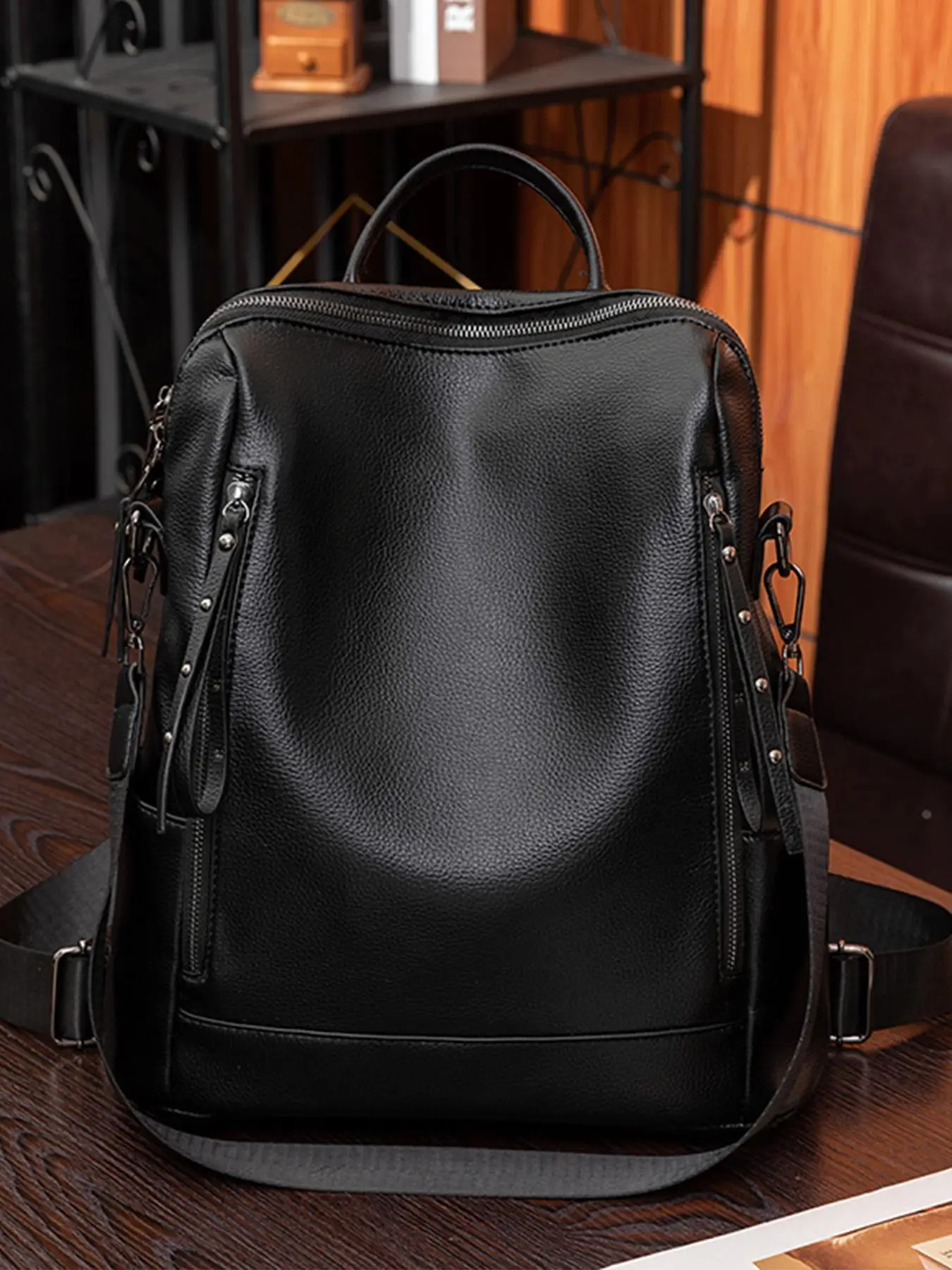 Solid Color Pu Leather Adjustable Backpack, Fashionable Large Capacity Zipper Backpack for Women & Men, Casual Backpack, Trendy Versatile High-quality
