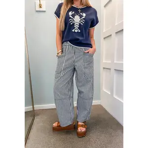 Stripe Scene Wide Leg Pocket Pants - Navy